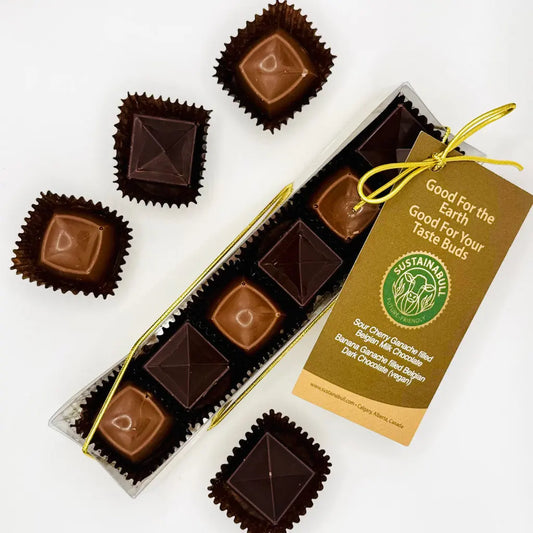 Assorted ganache-filled chocolates arranged on a white background, with a boxed chocolate set and Sustainabull tag.