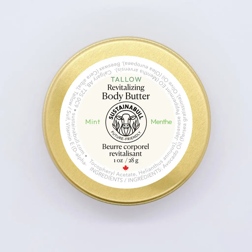 Top view of a Sustainabull Revitalizing Body Butter tin with mint label on a white background.