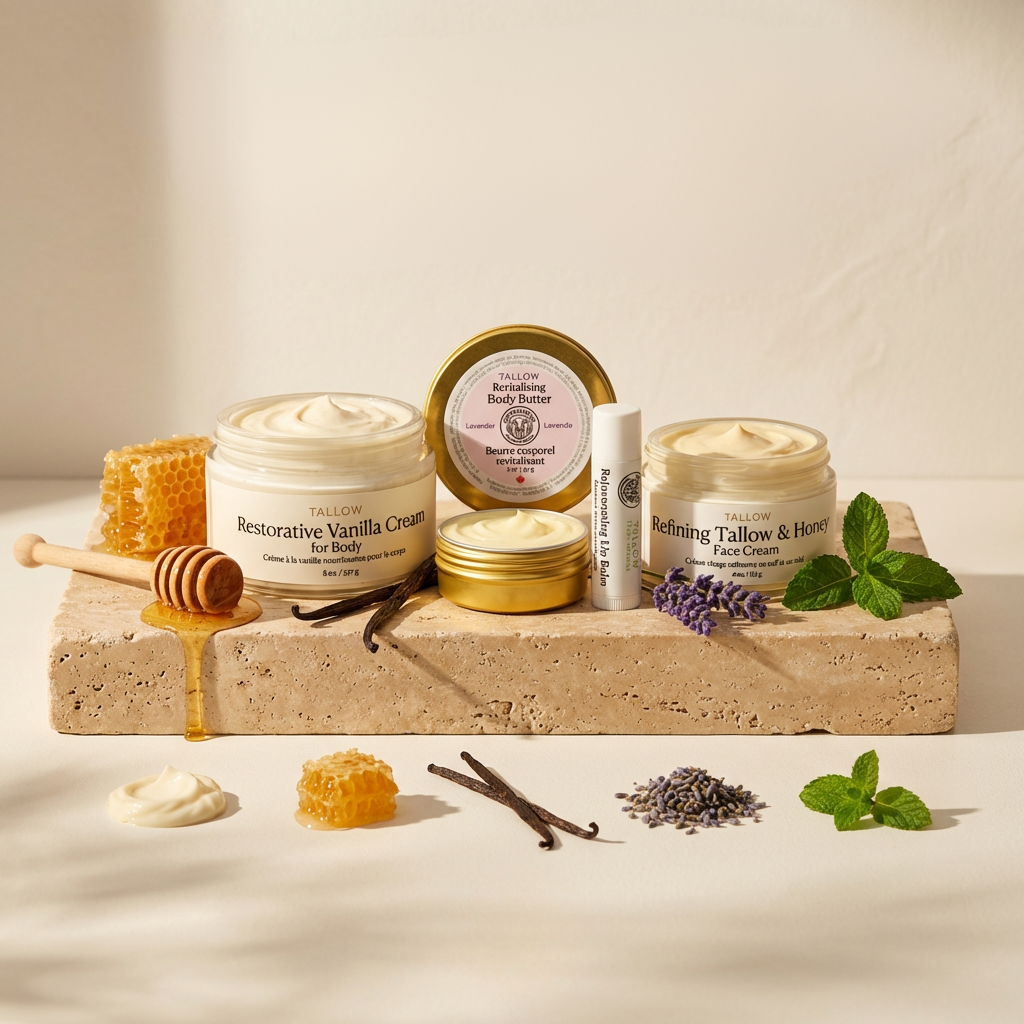 Collection of Tallow skincare products on a stone block with natural elements.
