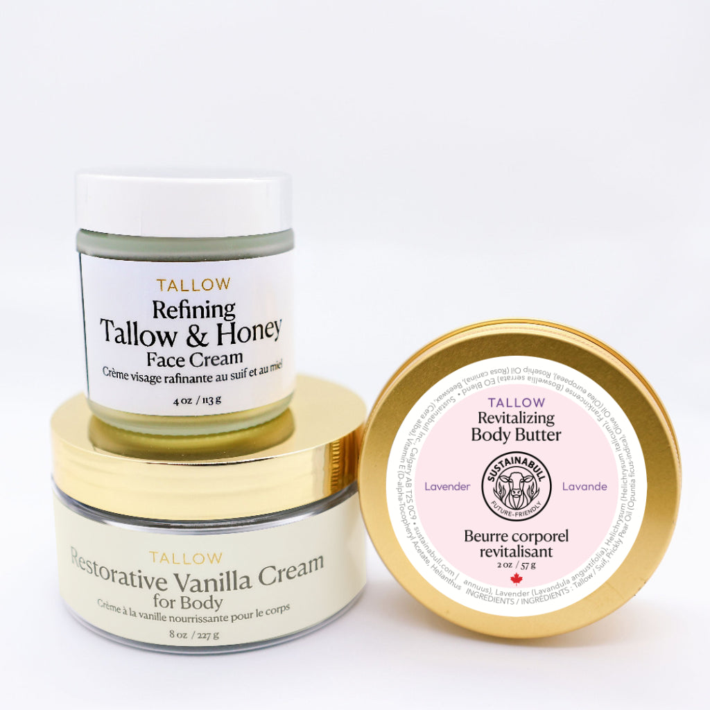 Three tallow-based skincare products on a white background.